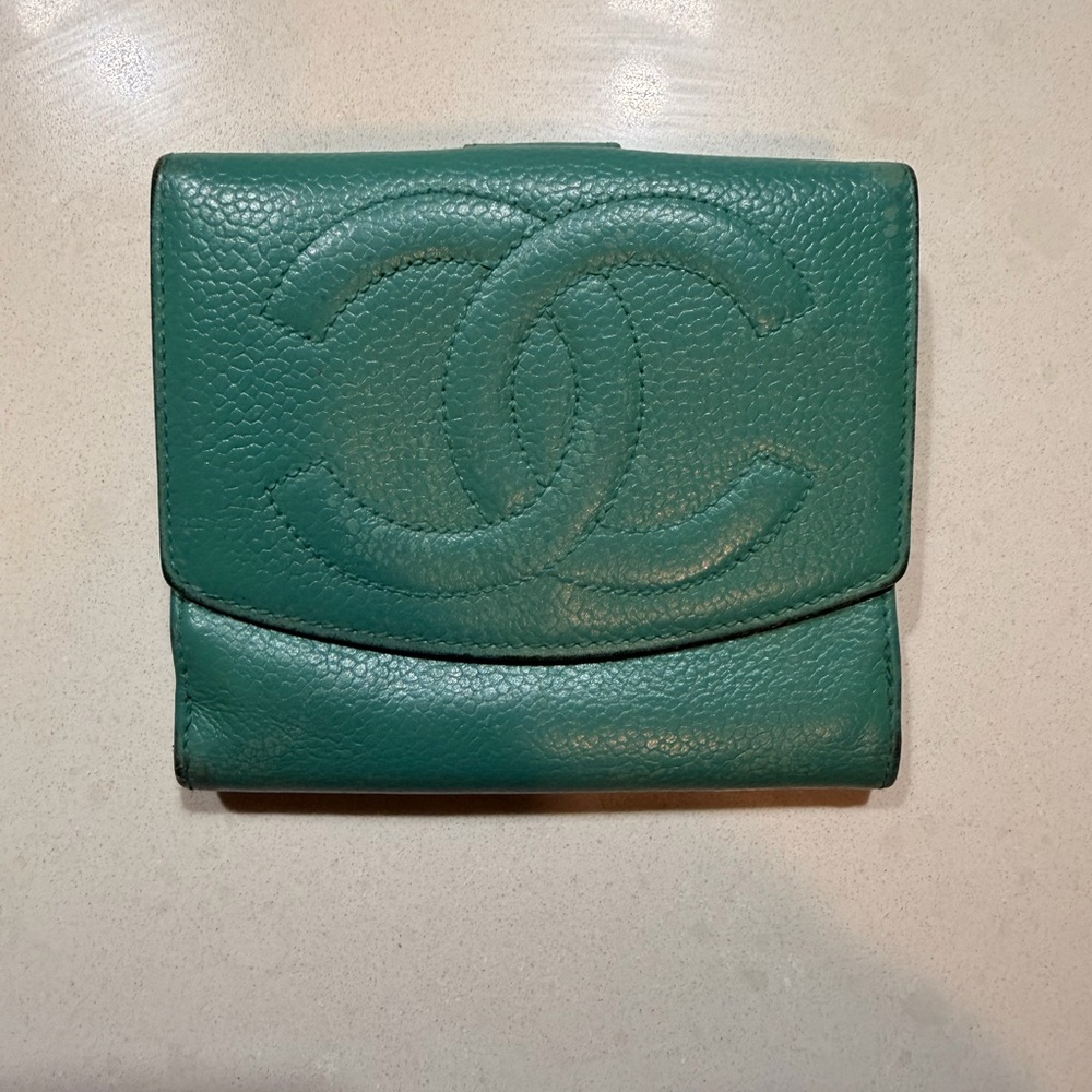 CHANEL Caviar CC Flap Wallet Teal Green